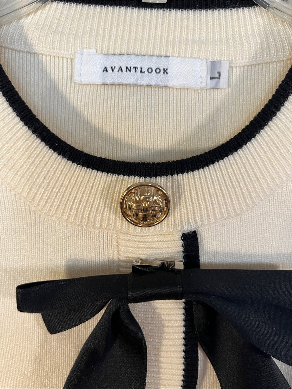 Avantlook Cream Long Sleeve Knit Dress with Black Trim and Bow Accent - Picture 3 of 5